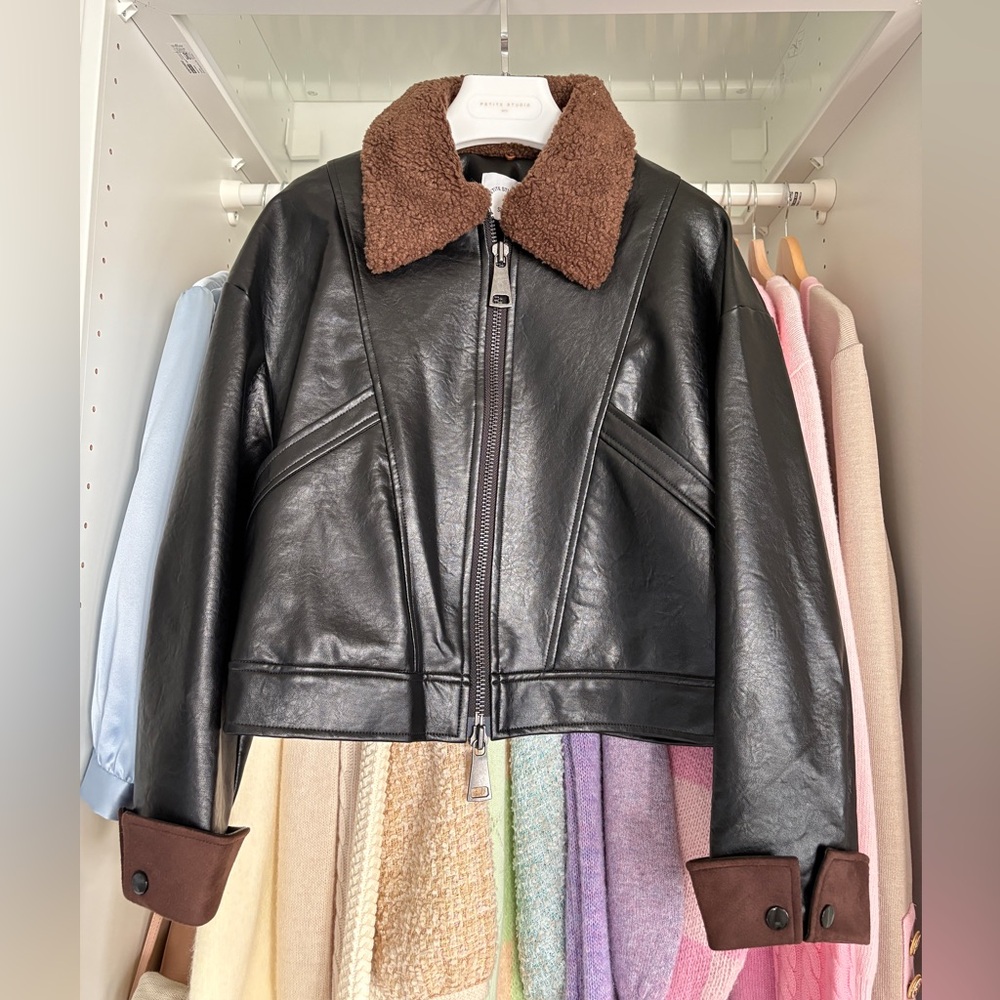 Petite Studio Black Leather Jacket with Brown Details